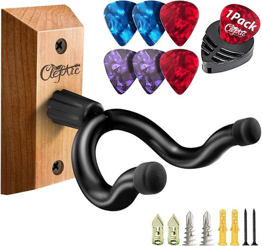 Guitar Wall Mount - Cherry Hardwood Guitar Wall Hangers, Guitar Picks, Pick Holder, Guitar Accessories, U-Shape Hardwood Guitar Hanger, Gifts for Guitarists, with 6 Assorted Guitar Picks