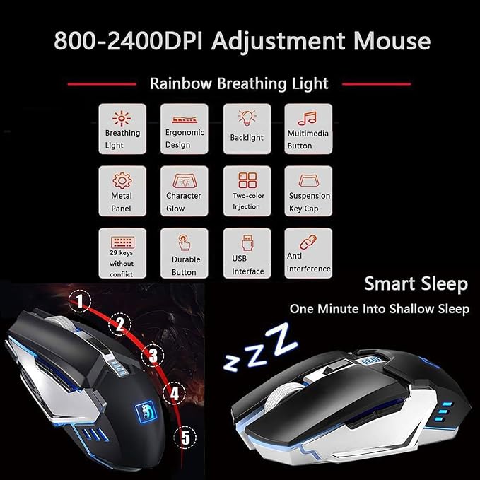 Gaming Keyboard and Mouse Combo, 2.4Ghz Wilress Keyboard with LED White Backlit 104-Key Full Size Ergonomic and Optial Mice for PC/Laptop