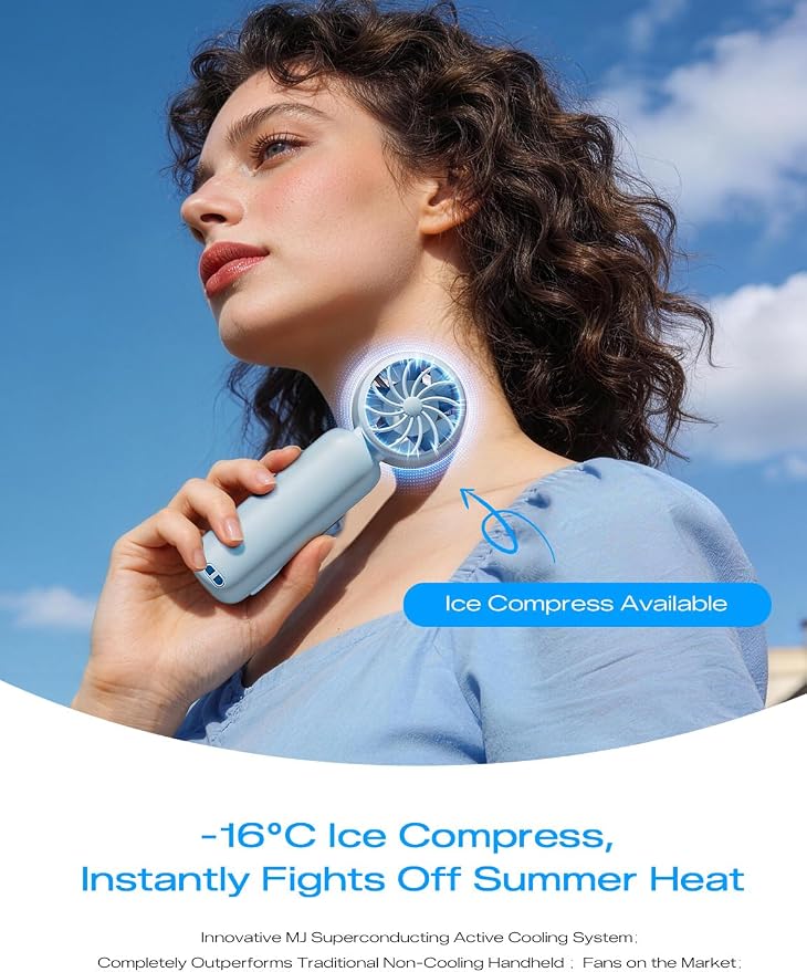 MAGIC JOHN Portable Handheld Turbo Fan with Ice Cooling, Rechargeable Personal Fan, 199 Speed Powerful Portable Fan for Travel, Outdoor, Camping, Hiking, Blue