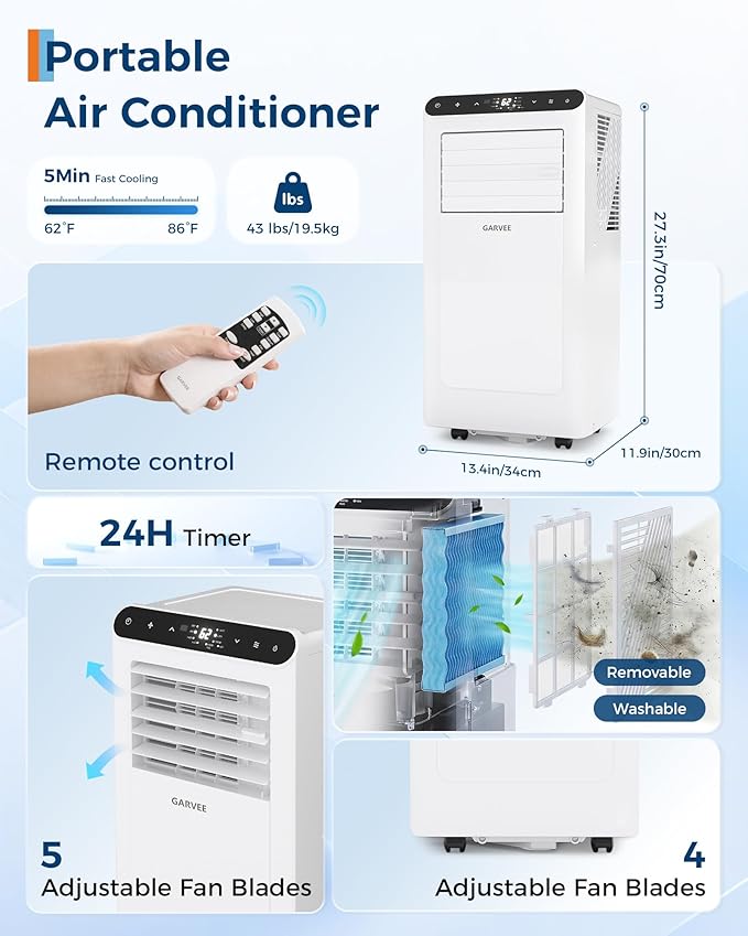 Garvee 8000 BTU Portable Air Conditioner,Up to 350 Sq.Ft. Remote Control 48dB Portable AC Unit, Dehumidifier, Fan, Sleep, 24H Timer&Installation Kit, DOE Certified, Ceer 6.2,White+White Panel