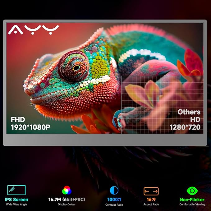 AYY Portable Monitor 15.6inch 1080P FHD, USB-C HDMI Computer Display, HDR IPS Gaming Monitor w/Premium Smart Cover & Screen Protector, Dual Speakers, for Laptop PC MAC Phone PS4 Xbox Switch, Grey
