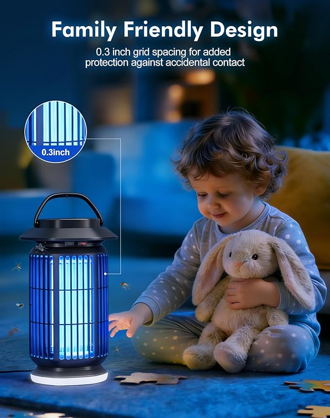 Bug Zapper Outdoor, 4000V Electric Mosquito Zapper, Fly Killer with Built-in Night Light, Insect Fly Trapper with Waterproof ABS Shell for Home, Patio & Garden, Indoor/Outdoor Use, Black