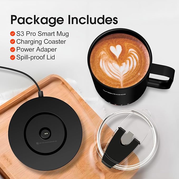 VSITOO S3 Pro 16oz Smart Self Heating Coffee Mug, Heated Coffee Mug with AI Auto-Sensing Temperature Control, 120-150℉ Rechargeable Smart Mug Warmer, IPX7 Waterproof, Gift for Men Women, Black