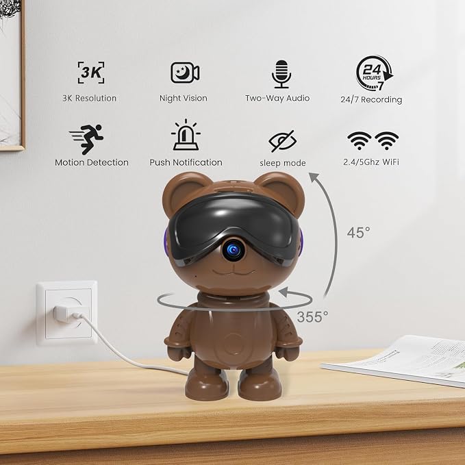 3K 5MP Indoor Security Camera for Home – Cute Bear Baby Monitor & Pet Camera, 2.4/5G WiFi, AI Human & Pet Detection with Auto Tracking, IR Night Vision, RTSP/ONVIF, Works with Alexa & Google