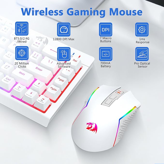 Redragon Wireless Gaming Keyboard and Mouse Combo, Bluetooth/2.4G/USB-C Wired, RGB Backlit, 60% Portable Quiet Rechargeable Macro Membrane Keyboard & 12800 DPI Mouse for Win/MAC, White
