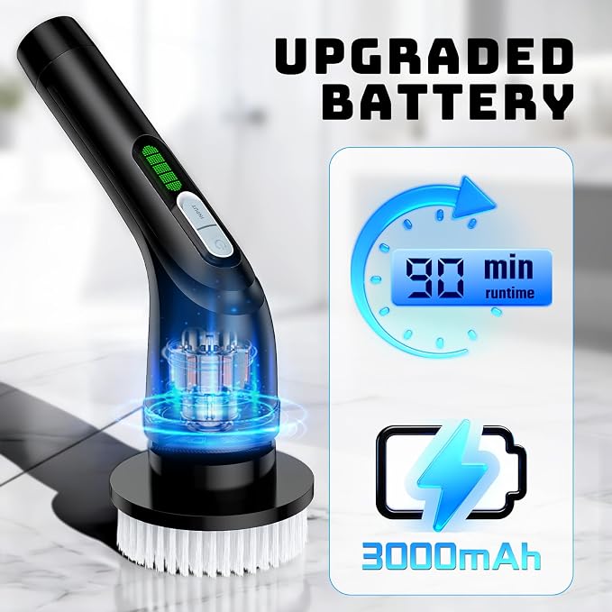 Highyes Electric Spin Scrubber, Powerful 2-Speed Cleaning Brush, IPX7 Waterproof with 7 Reusable Brush Heads & Extendable Handle, for Bathroom Toilet Shower Kitchen Wall Tile Floor Grout (Black)