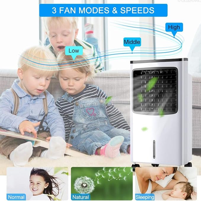 FANTASK Portable Air Cooler, Electric Air Cooling Machine with 3 Modes, 3 Speeds and Timer Function, Cooling Fan with Digital Display, Ice Crystal Box and Large Water Tank, Idea for Home Office