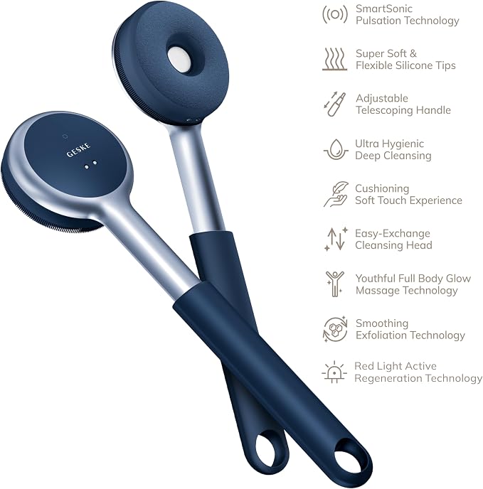 GESKE LED Sonic Full-Body Brush | 9 in 1 | Body Cleansing Brush & Intensive Exfoliator with LED | with SmartSonic Pulsations | Expert Deep Cleansing & Massage | Rough Skin Remover | Adjustable Handle