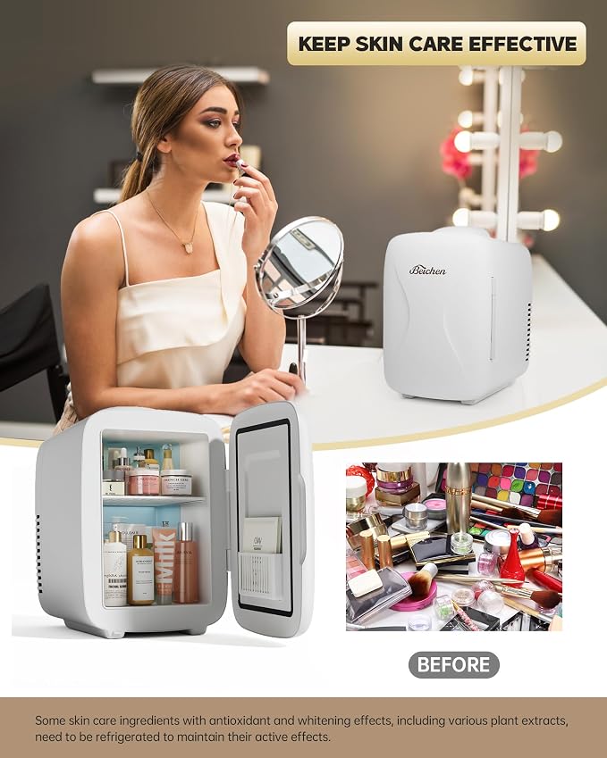 BEICHEN Mini Fridge [Upgrade], Small Fridge Rapid Cooling 4 Liter/6 Cans Skincare Fridge, Cooler and Warmer Refrigerators for Bedroom, Cosmetics, Office and Car (White)