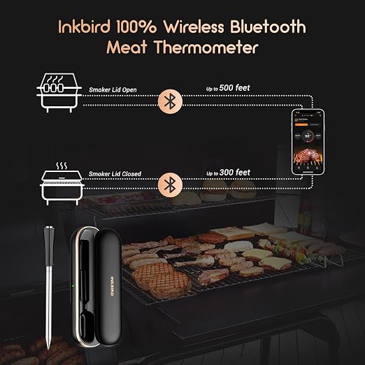 INKBIRD Meat Thermometer Wireless, Smart Bluetooth Meat Thermometer, IP67 Waterproof Wireless Meat Probe with Rechargeable Box for Outdoor Grill Smoker BBQ Rotisserie iOS & Android App