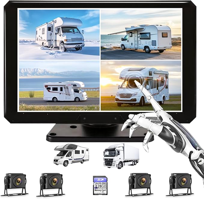 10,36-Inch 4-Channel 128GB Large Audio Screen 1080P Backup Camera Monitor & Built-in DVR Video Recorder for RV Truck Trailer Rear Side Front Reversing View Wired System Image Waterproof