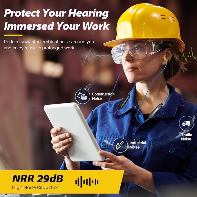 MIPEACE Bluetooth Work Earplugs Headphone,Wireless in-Ear Noise Isolating Earbuds,29dB Noise Reduction Headphone with Control,19+ Hours Battery for Lawn Mowing Safety Industrial Construction(Black)