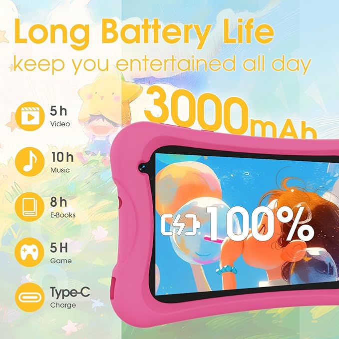 Digliand 7" Android Kids Tablet, Android 13, Quad-core Processor, 4GB+32GB, Pre-Installed Educational Apps, 2MP+5MP Dual Cameras, 3000mAh Battery, Shockproof Protective Case (Pink)