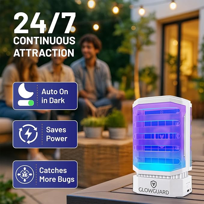 GlowGuard-X Rechargeable Indoor Fly Trap & Gnat Killer, Multi-Purpose Mosquito Trap and Shockless Indoor Bug Zapper, Includes 1 Device + 4 Glue-Card Refills, 40hr Battery or Plug-in 24/7, White