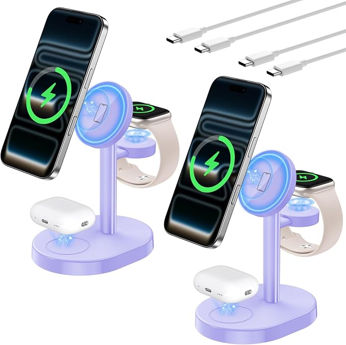 Hevanto 2026 3 in 1 Wireless Charging Station for Apple MagSafe Charger, 15W Fast Magnetic Mag-Safe Charger Stand for iPhone 17 16 15 14 13 12 Watch AirPods, 2 Pack(Adaptor Not Included)