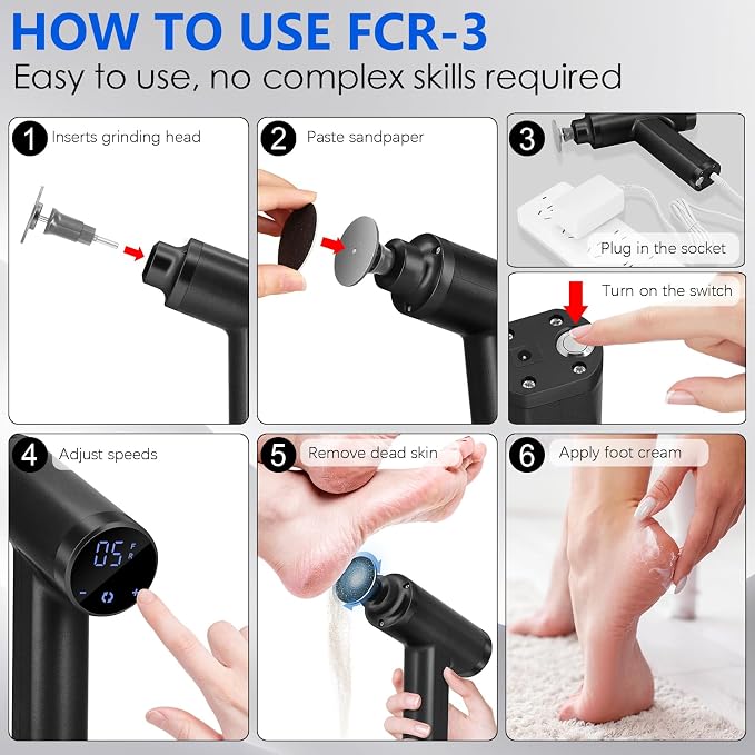 Upgraded Electric Callus Remover for Feet 4500rpm, Adjustable Speed Professional Electric Foot Sander Foot File for Calloused Feet Dead Skin Cracked Heel, with 3 Interchangeable Heads (Black)