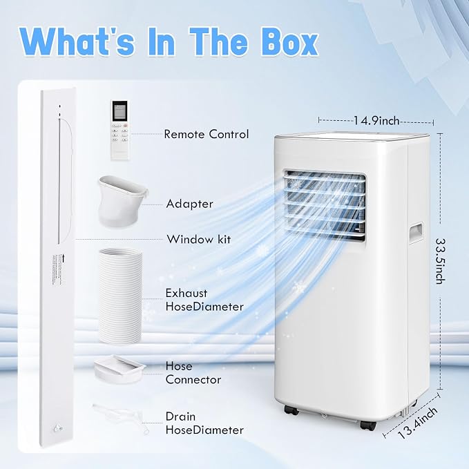 10000 BTU 3-IN-1 Portable Air Conditioner, Cools up to 450 Sq.Ft, Portable AC with Remote, LED Display, 24H Timer, Installation Kits & Screwdriver, No Wall Required, Ideal for Home & Office