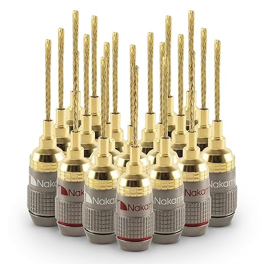 Nakamichi FanLock Excel Series 24k Gold Plated 2mm Flex Pin Banana Plugs 10 AWG - 18 AWG Gauge Size for Spring Clip Terminal Speakers Amplifier Hi-Fi Wire Cable Quick Connector, 20 Pcs (10-Pairs)