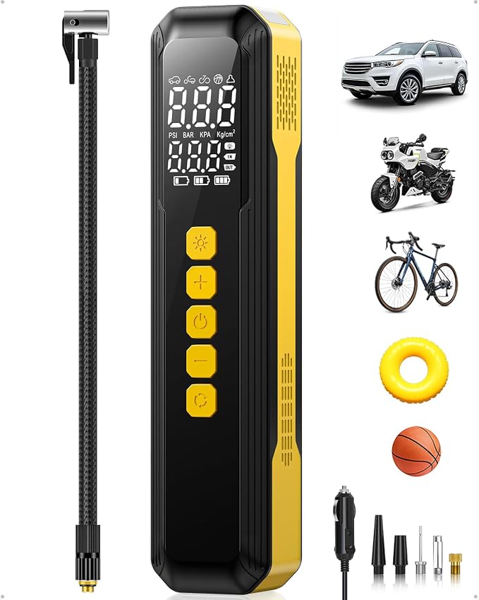 Tire Inflator Portable Air Compressor, 150PSI Air Pump for Car Tires with LED Light, Cordless Tire Pump with Digital Pressure Gauge, Tire Inflator for Car, Bike, Motorcycle, Ball (Yellow-length)