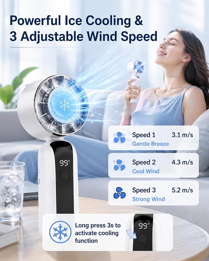 Portable Handheld Fan with Ice Cooling, 3 Speed Dual Turbo Fan, 3000mAh Rechargeable Battery, LED Digital Display, Personal Cooling Fan for Travel Commute Office Outdoor(F23)