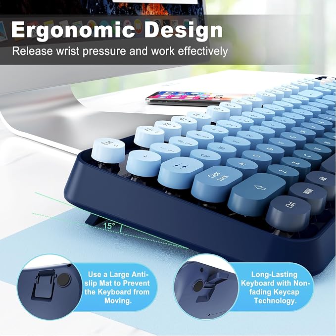 Wireless Keyboard and Mouse | Cute Colorful Keyboard and Mouse with 2.4GHz Cordless Retro Typewriter Keyboard | Auto-Sleep | USB Receiver for Windows PC/Laptop - Blue Gradient