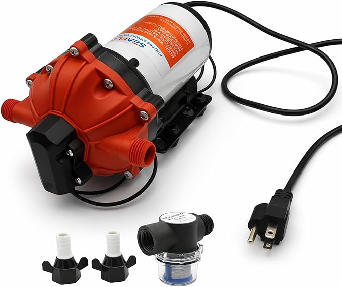 SEAFLO 55 Series 115V AC Automatic Demand Diaphragm Pump – 5.0 GPM, 60 PSI, 5-Chamber Self-Priming Water Pump w/Power Plug for Outlet, RV, Marine & Off-Grid Water Systems, 4-Year Warranty