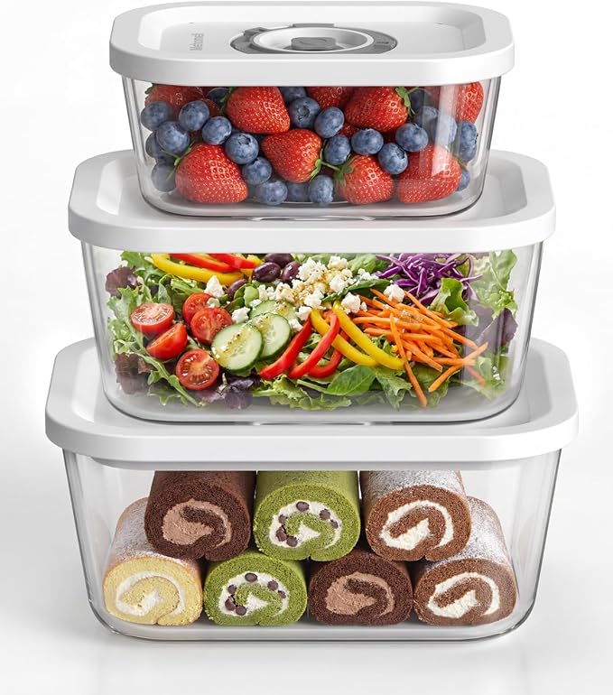Mehomeli Glass Vacuum Seal Containers for Food Storage, 3pcs set [1x Small, 1x Medium, 1x Large],Works with Handheld Vacuum Sealer for Freezer, Liquid & Delicate Foods,BPA-Free, with Date Tracking Lid