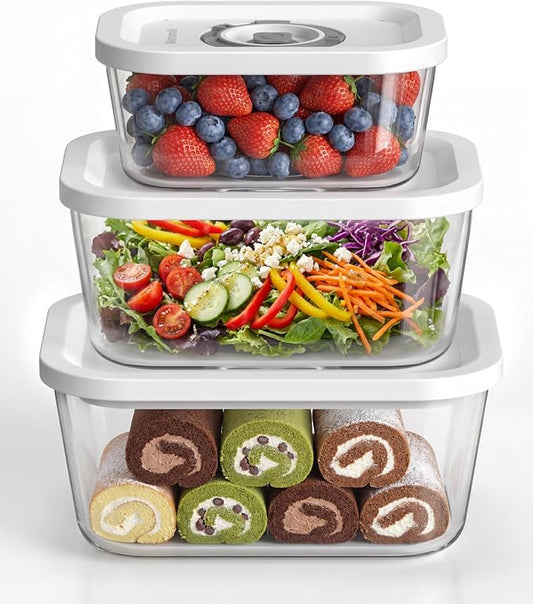 Mehomeli Glass Vacuum Seal Containers for Food Storage, 3pcs set [1x Small, 1x Medium, 1x Large],Works with Handheld Vacuum Sealer for Freezer, Liquid & Delicate Foods,BPA-Free, with Date Tracking Lid