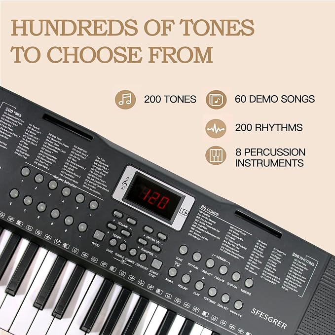 Keyboard Piano 61 Key Electric Piano Keyboard for Beginners/Professional, Portable Light Up Music Keyboard Built-in Dual Speakers with LED Display, Music Stand, Stand, Microphone, Bench (A)