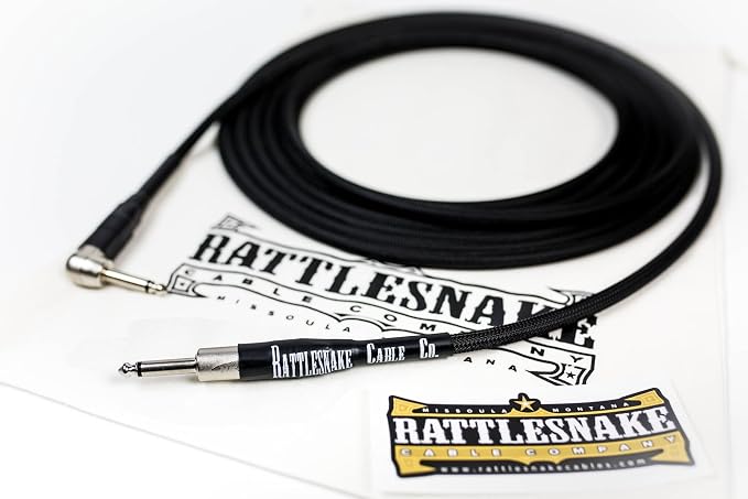 Rattlesnake Cable - 20 Foot Standard Black Guitar Instrument Cable Straight to Right Angle 1/4-Inch plugs