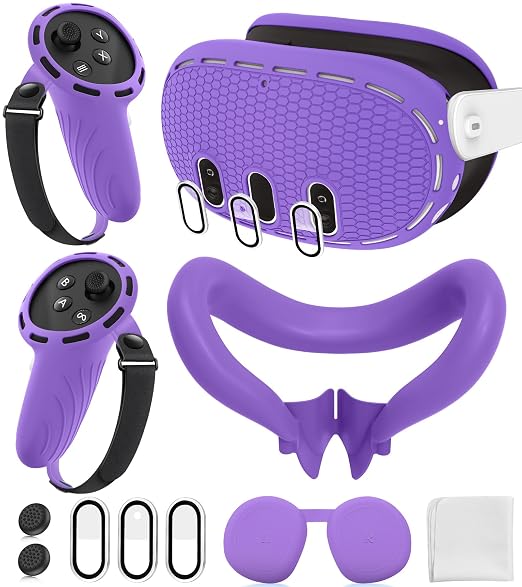 Silicone Cover Set Compatible with Meta/Oculus Quest 3 Accessories, Controller Grips, VR Shell Cover, Facial Interface Cover, Protective Lens Cover, Tempered Glass Lens Caps, Not Fit Quest 3S