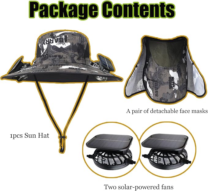 Wide Brim Solar Fan Hat for Men Women, 2026 3-in-1 Detachable Solar Powered Fan Hat, with Removable Neck Cap and Face Mask