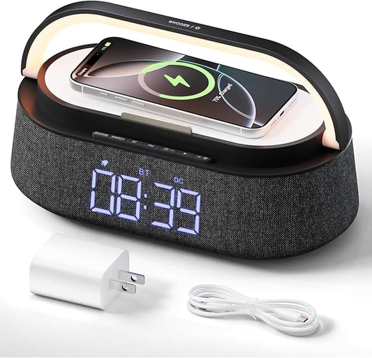 FREEFISH Bluetooth Speaker with Fast Wireless Charger,FM Radio,Touch LED Night Light,Phone Holder,Snooze, 6 in 1 Portable Wireless Speaker for Bedrooms Office Home,Gifts (Black)