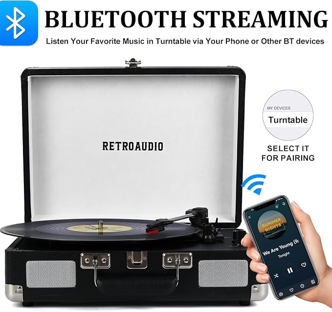 Vinyl Record Player 3-Speed Bluetooth Portable Suitcase Belt-Driven Record Player with 2 Built-in Stereo Speakers Vinyl Vintage Turntable Phonograph Records Player with RCA Line Out, AUX Out (Black)
