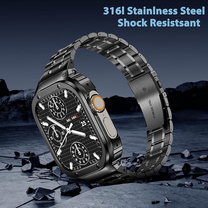 MioHHR Stainless Steel Watch Band with Case Compatible with Apple Watch Ultra3 2 1(49mm),Rugged Strap with Metal Protective Bumper Cover for iWatch Band Men(Black)