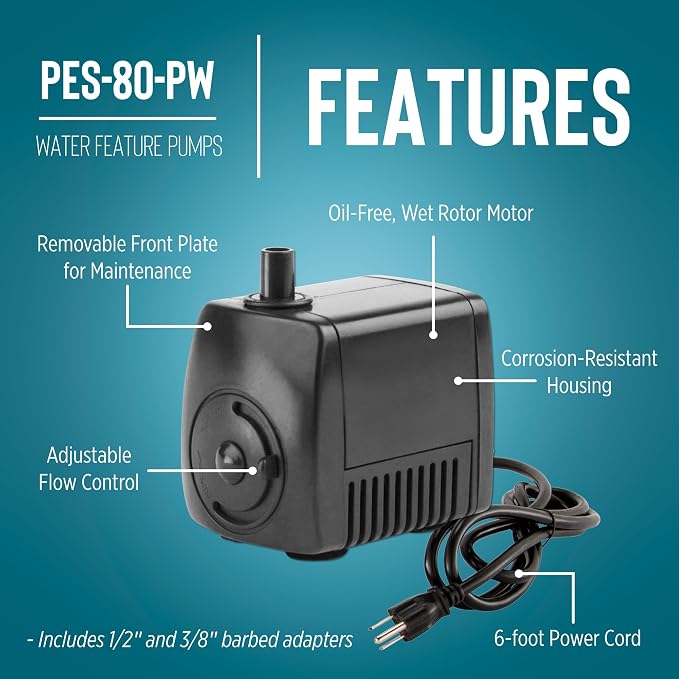 Little Giant PES-80-PW 115-Volt, 77 GPH Magnetic Drive Fountain Pump with 6-Ft. Cord, Black, 566714