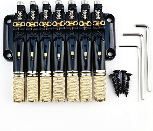 Headless 7-String Guitar Bridge 10.5mm Fixed Bridge -Brass Saddles Zinc Alloy Plate, Stable Intonation，Easy Installation/Adjustment, Fits Most 7-String Headless Guitars （Gold Tailpiece Nut）