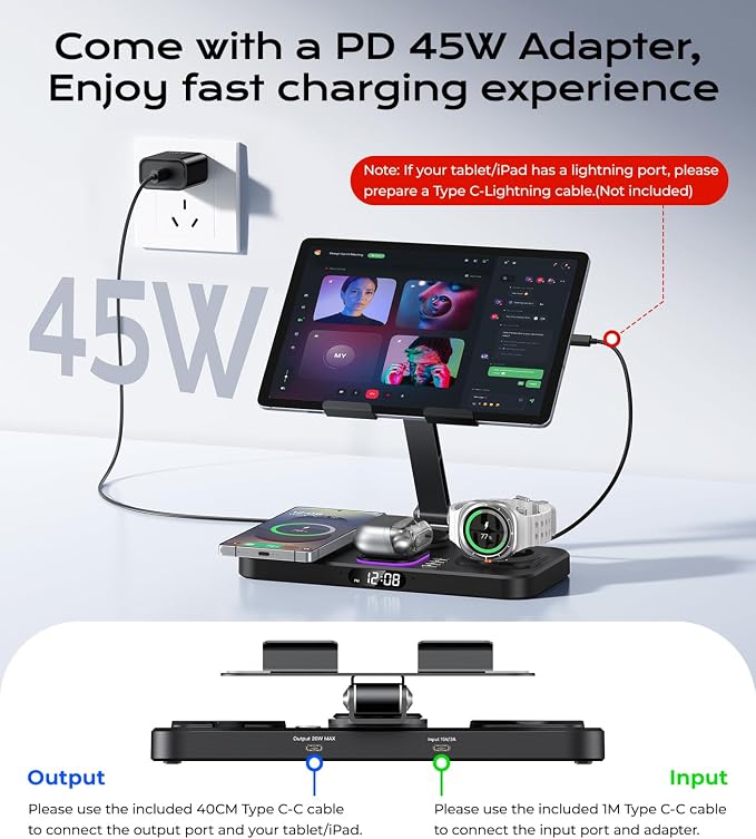 Meifigno 45W Wireless Charging Station for Multiple Samsung Device, Foldable 20W Wired Charger Stand for Galaxy Tab with Clock & Light, Charger for S26/S25 Ultra/Z Fold 7 & Buds, Only for Galaxy Watch