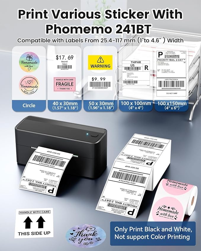 Phomemo 241BT Shipping Label Printer & Packs of 250pcs 4x6 Thermal Labels