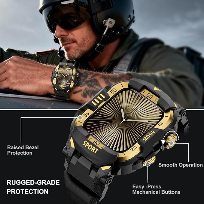 DABAOZA Rugged Case with Band Compatible with Apple Watch 46mm, for iWatch Series 11/10,Military Grade Shockproof Bumper and Men's Tactical Heavy Duty Strap(Black/Gold,46MM)