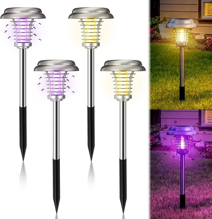 4 Pcs Solar Bug Zapper Outdoor Waterproof Mosquito Repellent Light Solar Power Fly Killer Lamps for Moths, Gnats, Fly, Small Flying Insect Backyard Garden Lawn (Stainless Steel,Purple & Warm Light)