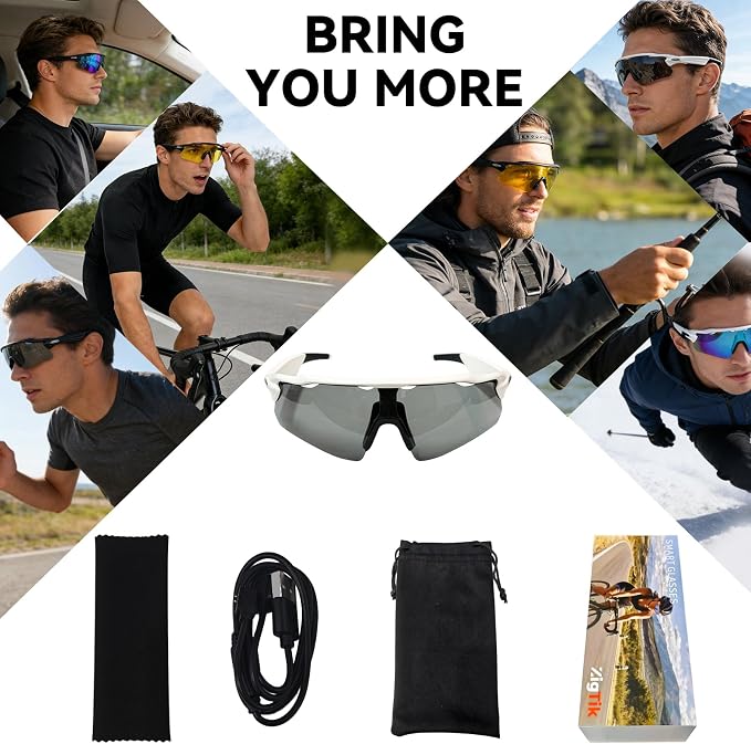 Bluetooth Smart Sunglasses for Men Women, Open-Ear Speaker Glasses with Touch Control, UV400 Polarized Lens, 5-6H Playtime for Outdoor Sports,White and Grey