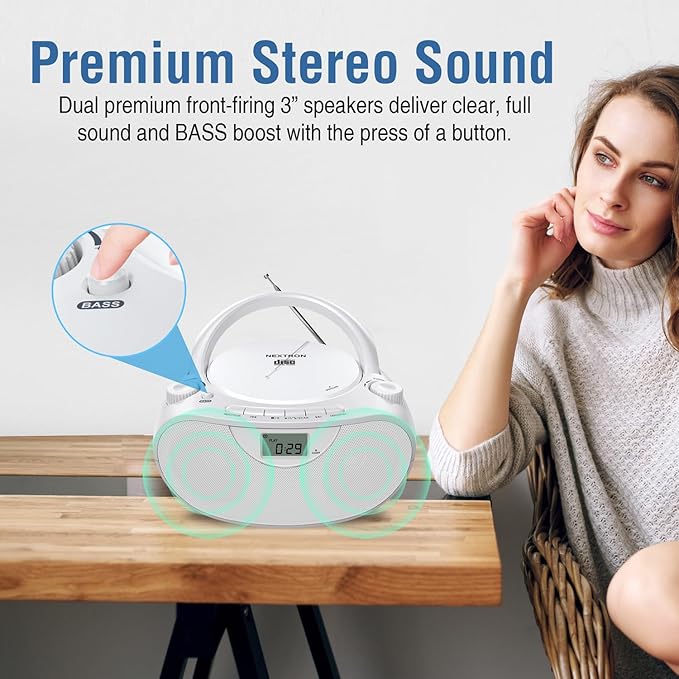 Nextron Portable CD Player Bluetooth Boombox with AM/FM Radio, USB, AUX-in, Headphone Jack, CD-R/RW & MP3-CD Compatible, Stereo Sound with Bass Boost, AC/Battery Operated – White