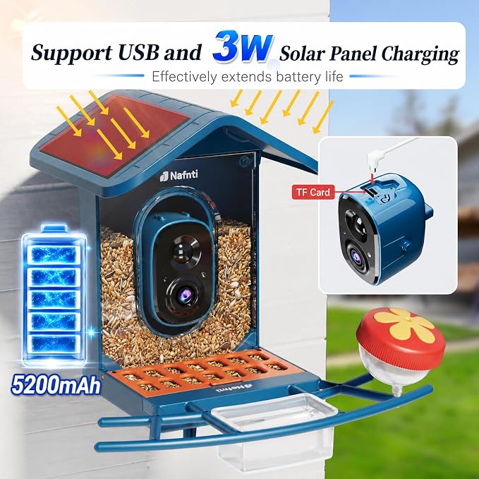 Smart Bird Feeder with Camera Solar Powered, 5GHz/2.4GHz, 2K HD Live View, AI Bird Species Identify, Instant Arrival Alerts, Weatherproof Outdoor Bird Feeder Camera, Best for Bird Lovers