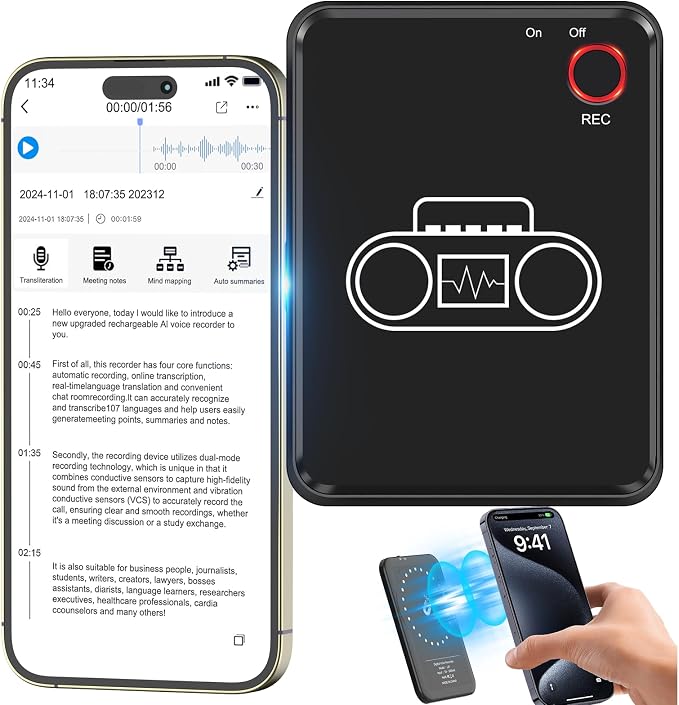 Portable AI Voice Recorder, Wireless Speech to Text Transcription Device, Smart AI Note Taking Assistant, Built-in Chat GPT, 59 Language Translator, AI Transcribe & Summarize for Meetings, Daily Calls
