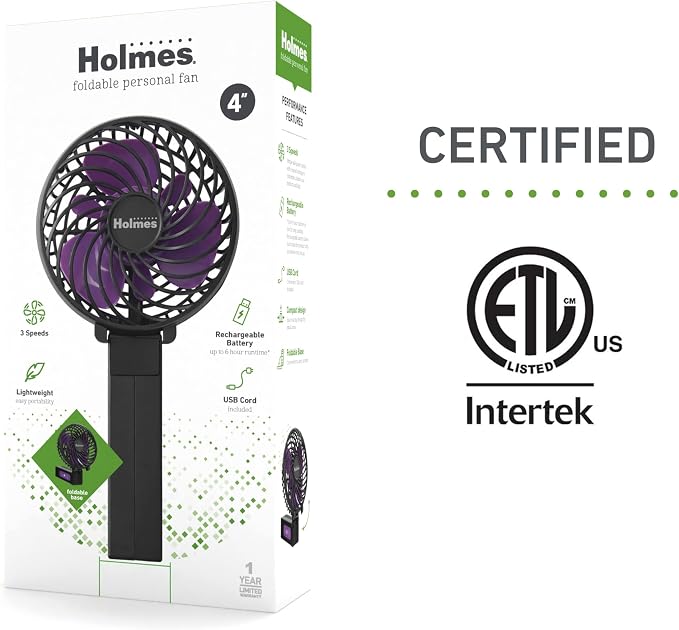 HOLMES 4" Portable Handheld Fan – 3 Speeds, Rechargeable, USB-C, 180° Adjustable, Lightweight, Compact, for Home, Office, Travel – Black, 1-Year Limited Warranty