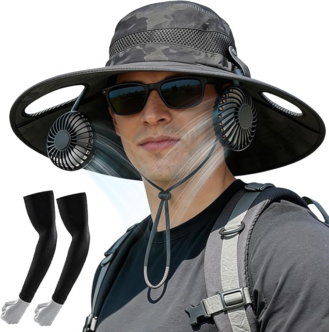 Sun Hat with Fan for Men & Women, Bucket Hat with Fan, UPF 50+ Cooling Hat with Sunblock Sleeves for Fishing,Hiking