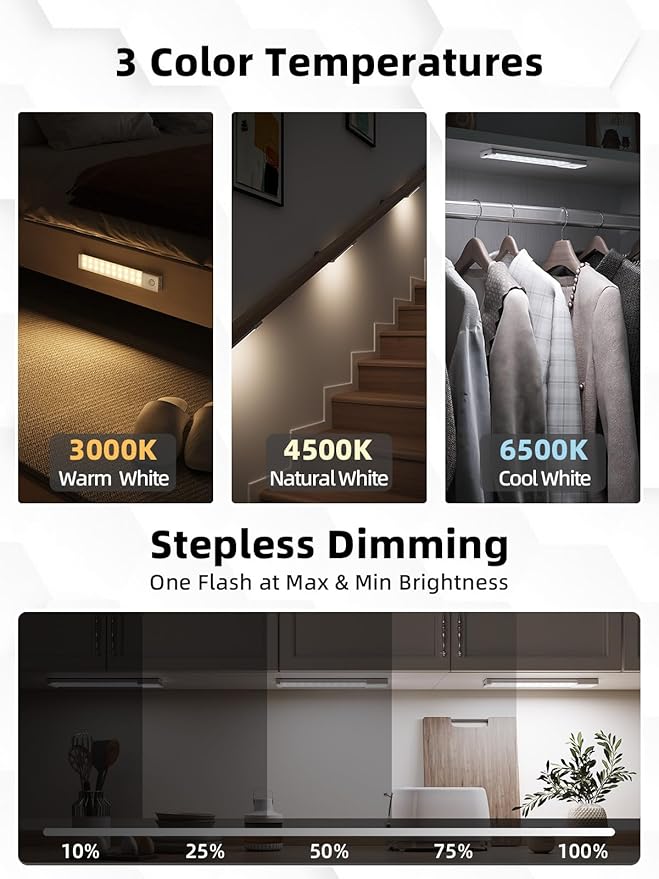 EZVALO 6 Pack 8 inch Under Cabinet Lighting with Charging Station, Rechargeable Motion Sensor Lights, Wireless Magnetic LED Closet Lights, 3 Color Temperatures, Dimmable for Kitchen, Pantry, Stair
