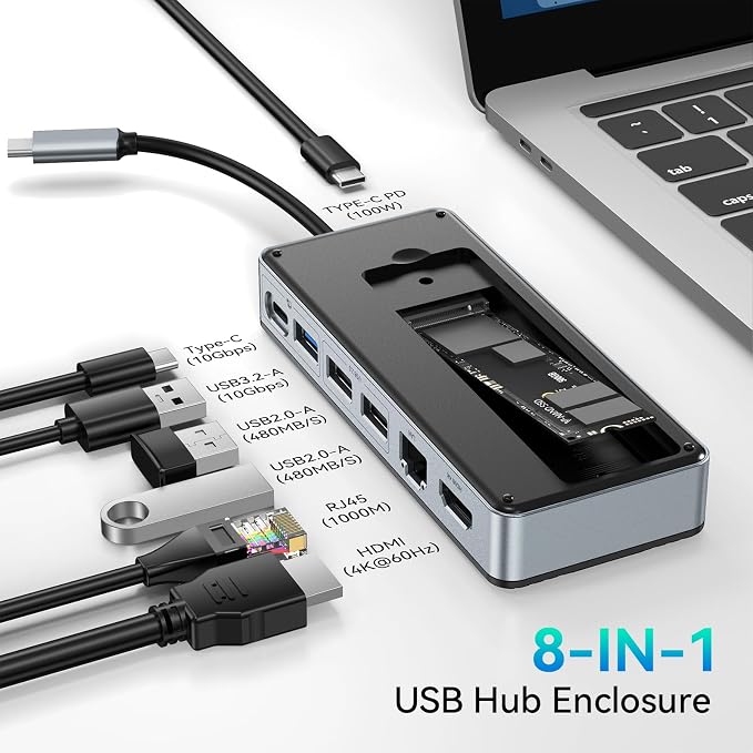 Yottamaster USB C Hub with 4TB M.2 NVMe SSD Enclosure, 8 Ports USB C HUB Adapter 10Gbps USB 3.2 Gen2, 4K@60Hz HDMI, 100W PD, Ethernet for Windows, Mac [Diskless] - YM28PR
