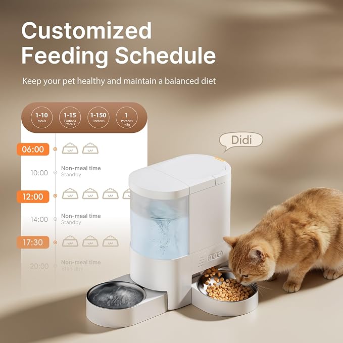 Automatic Cat Feeder and Water, 5G WiFi App Controlled Cat Dry Food Dispenser, 2 in 1 Timed Pet Feeder, 4L Food & 3L Gravity Waterer with Voice Recording, 10 Meals Programmable 1-15 Portion Control